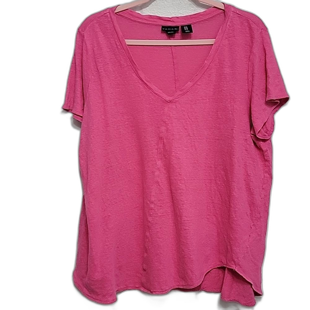 Tahari Pink 100% Linen V-Neck Top Size 1X Lightweight
